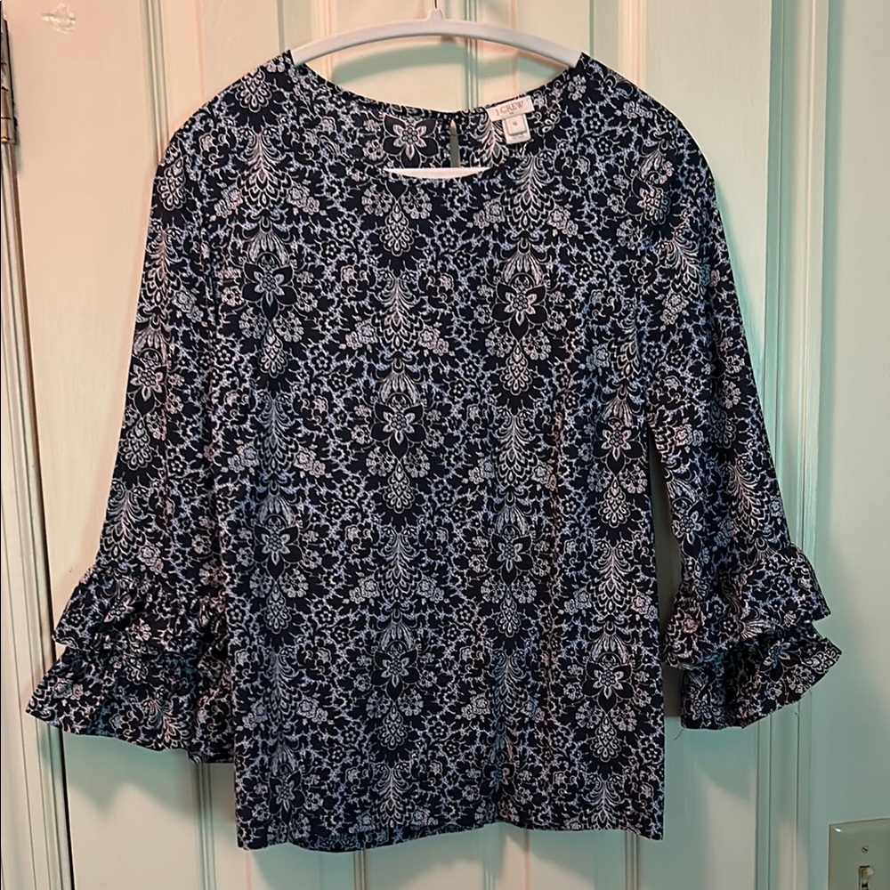 J. Crew Floral Ruffle Sleeve Top - Blue and White